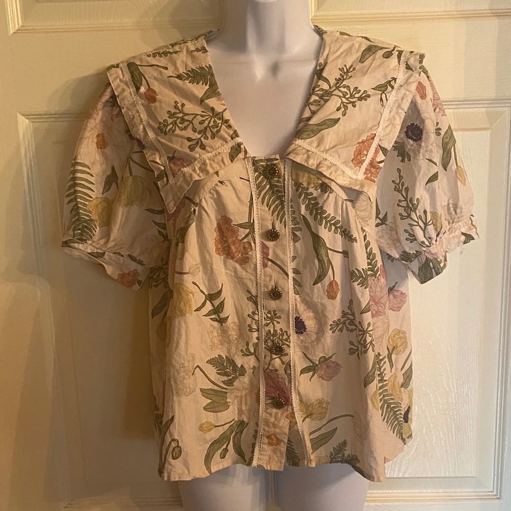 Umgee Cream Floral Sailor-Collar Puff Sleeve Top